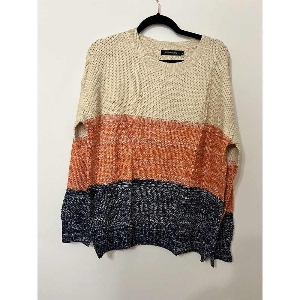 MEROKEETY Women's Crew Neck Long Sleeve Color Block Knit Sweater XL